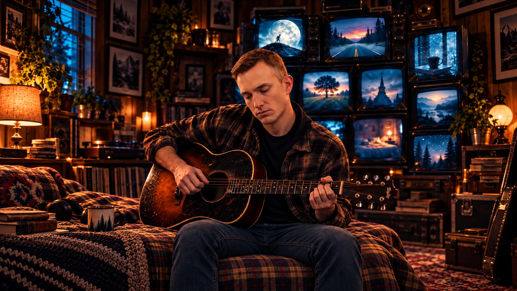 Matt Kindle playing acoustic guitar in a warm, vintage television room